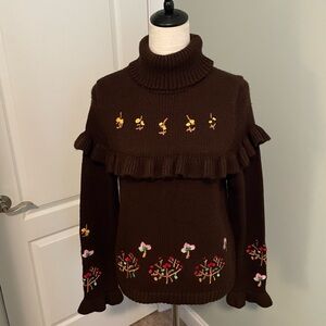 Painted by Lady Ally Floral Embroidered Ruffled Turtleneck Women's Sweater